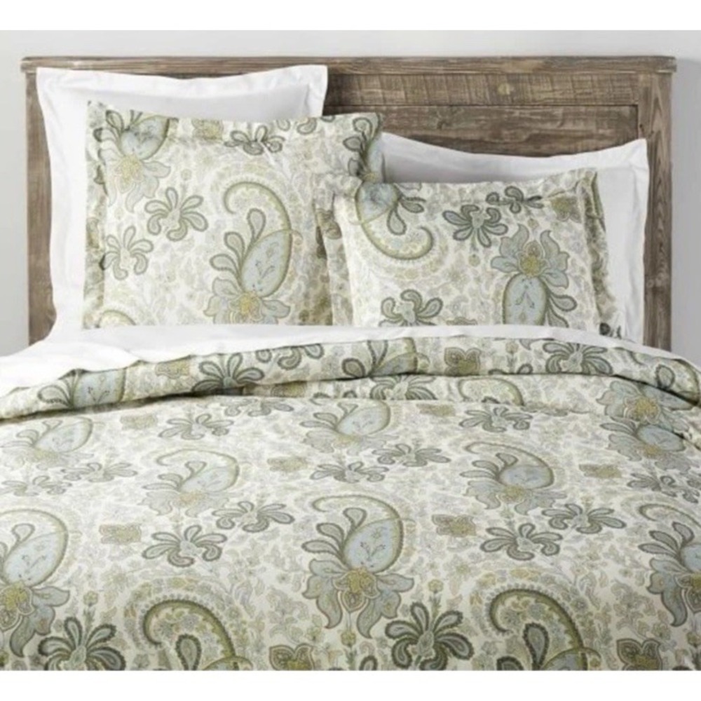 Pottery Barn Charlie Organic Cotton percale Paisley DUVET Cover Green Blue King